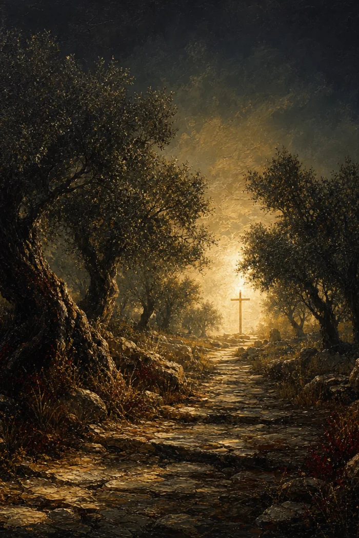 A stony path through olive trees towards dawn light and a distant simple wooden cross
