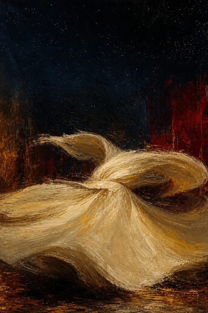 A white dervish robe swirling through golden lamplight beneath a night sky, with no face visible