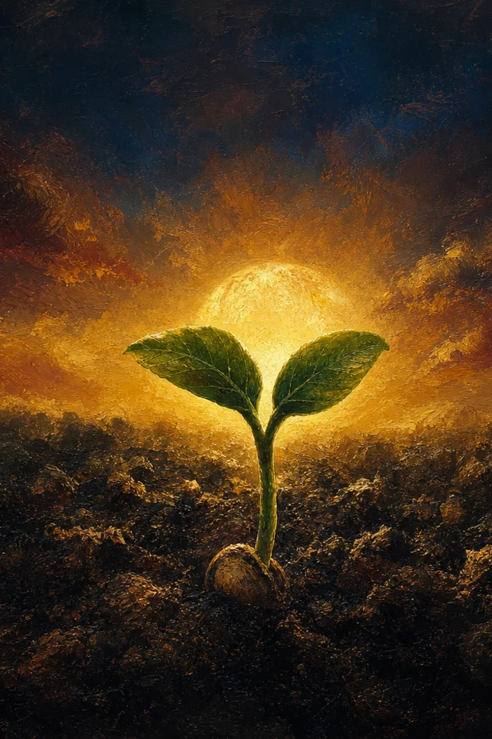 A single green seedling breaking through dark earth with the rising sun behind it