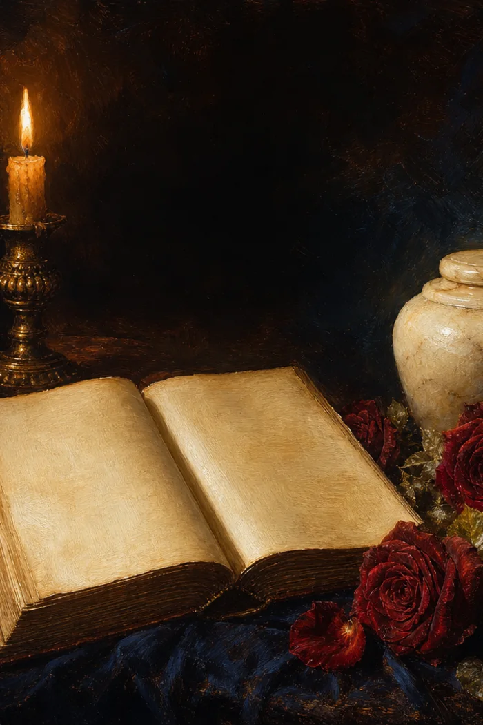 An open book beside an alabaster jar and red roses in warm candlelight