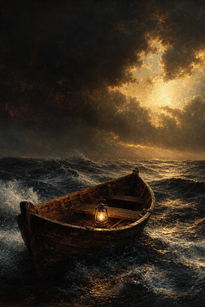 A small boat carrying a glowing lantern on a stormy sea beneath breaking golden light