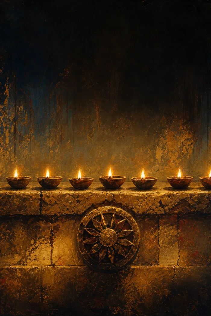 Seven glowing oil lamps in a row on an old stone ledge