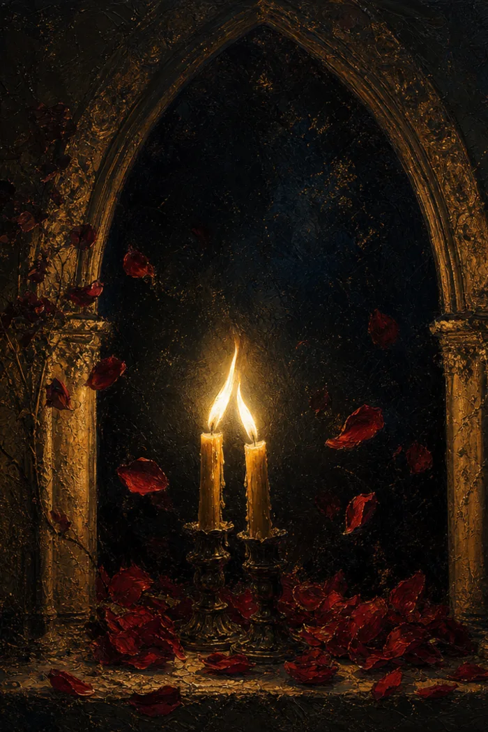 Two candle flames leaning towards each other within a gothic arch above rose petals