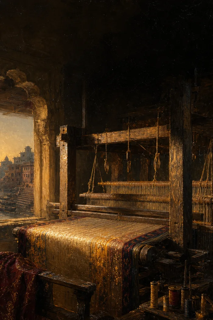 A wooden loom with golden threads beside a window overlooking the Ganges at Benares at dawn